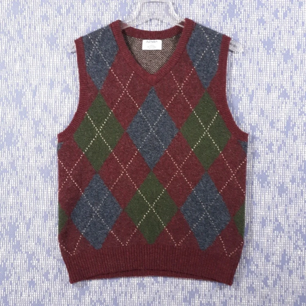 Old Navy Sweater Vest Wool Blend Mens Small Knit Argyle V-Neck Maroon Blue Green